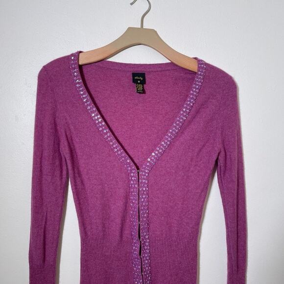 Vintage Y2K Plenty Wool Blend Magenta Deep V Cardigan / Sz L / Fitted Sequined - Picture 3 of 10